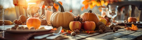 Cozy autumn table setting with pumpkins, apples, and warm sunlight, perfect for a fall harvest or Thanksgiving celebration.