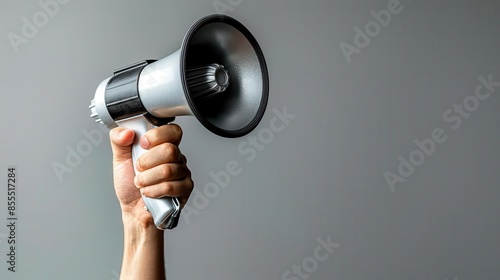 Closeup of a hand holding a silver and black megaphone against a grey background
