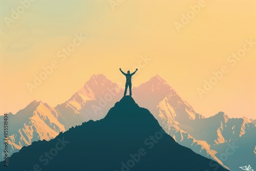 Silhouette of a person on a mountain peak with arms raised triumphantly against a scenic background of distant mountains and a golden sky.