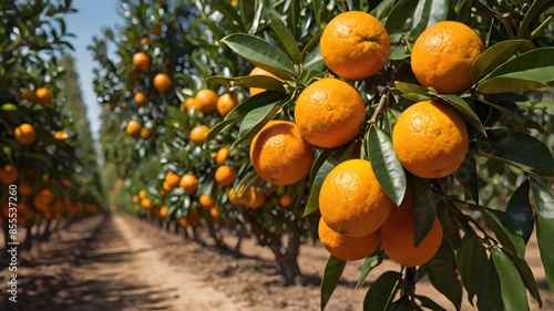 Orange trees with ripe fruits. Bloomy orange garden. 