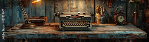 A vintage typewriter on a rustic desk with an old lamp retro style