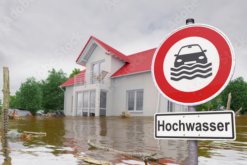 3d Illustation - Schild - Unwetter - Hochwasser - Überschwemmung - Haus - Überflutung - Versicherung