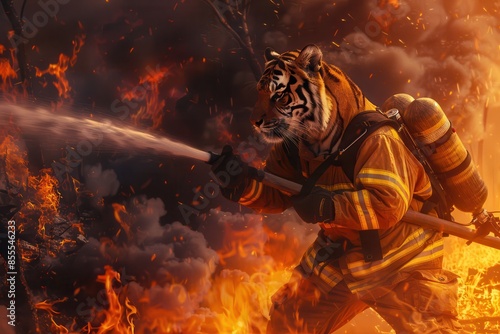 Courageous Firefighter Tiger Battling Blaze and Rescuing Victims with Strength and Valor