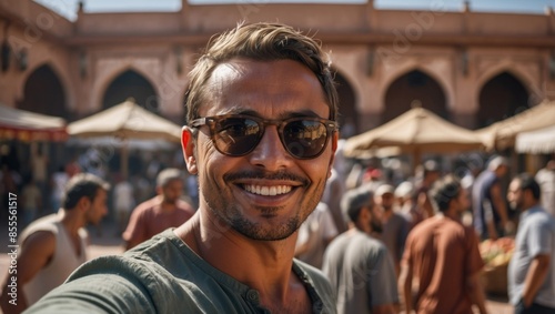 Happy tourist visiting Jamaa el-Fna market, Morocco - Handsome man taking selfie enjoying summer vacation outside - Holidays and travel blogger concept.