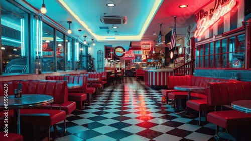 A retro diner-themed coffee shop with checkered floors, neon signs, and vintage diner booths, set in a nostalgic 1950s setting.