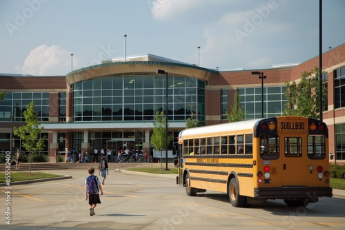 A yellow school bus is parked in front of a building, possibly dropping off children, A school bus dropping off children in front of a bustling school building