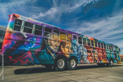 A school bus adorned with vibrant paintings of renowned scientists on the side, A school bus with a mural of famous scientists and inventors