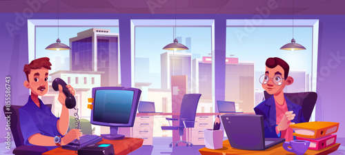 Male worker characters in business office with desk and chair, computers and large window. Man sitting at table with pc monitor and laptop, phone and paper documents. Cartoon vector employee persons.