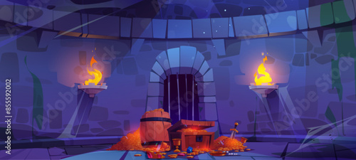 Medieval castle dungeon with stone walls, grid gates entrance, torch flare and pile of treasure on floor. Cartoon game vector ancient palace building interior with wood chest and barrel, gold and gems