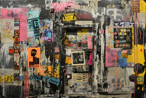 A wall covered in numerous graffiti designs and stickers creating a vibrant and chaotic urban art display, A series of mixed media artworks exploring the intersection of art and commerce