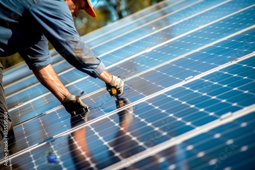 A man is busy installing a new shiny solar panel, A shiny new solar panel being installed to replace a damaged one