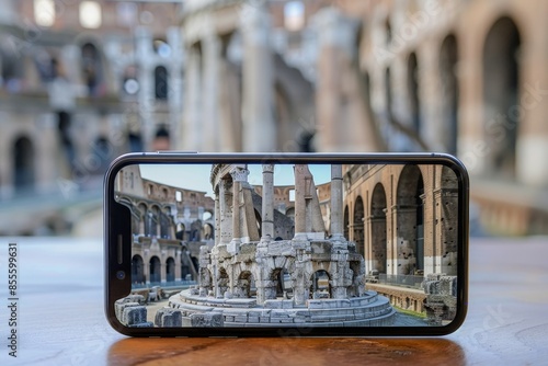 Detailed view of a cell phone resting on a table with a virtual reality field trip displayed on the screen, A smartphone displaying a virtual reality field trip to ancient Rome