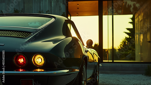 Classic black corvette sting ray reflecting the golden light of sunset
