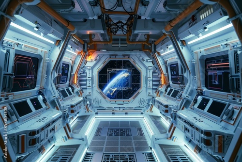 Detailed view of high-tech control panels and equipment inside a space station, A space station interior with high-tech control panels and zero-gravity chambers