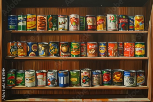 Painting of a shelf displaying various canned foods neatly arranged, A still life painting of a shelf filled with various cans of food