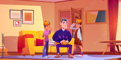 Kids with father sitting in helmet on sofa at home. House living room interior with furniture and carpet 2d wallpaper. Family talking inside hallway near entrance on couch vector illustration