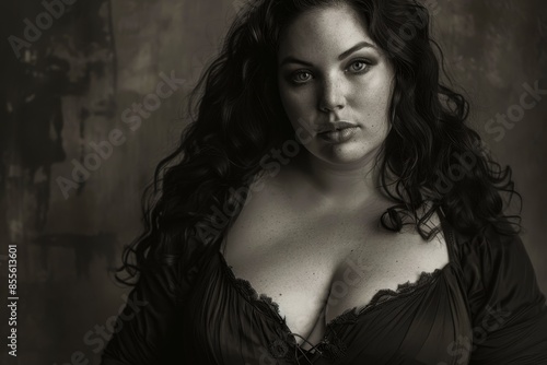 Full-figured woman posing confidently in black and white lingerie, A stunning representation of a full-figured woman with striking features