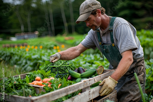 A vegetable farmer organizes freshly harvested produce into a crate on an organic farm