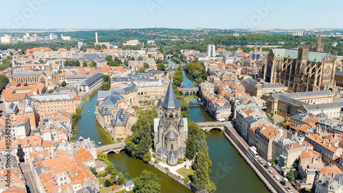 Metz, France. New Temple - Protestant Church. Moselle River. View of the historical city center. Summer, Sunny day, Aerial View