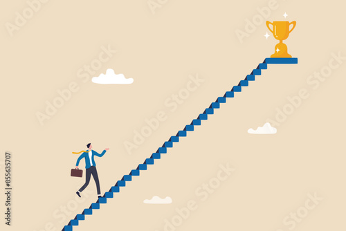 Small steps to success, challenge improve career and achieve target, journey, aspiration to reach goal, patience and persistence concept, businessman walk up small step stair to reach trophy reward.