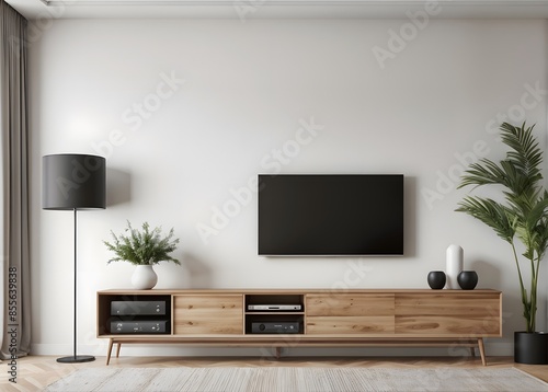 TV screen on the white wall in modern living room. 3d illustration 