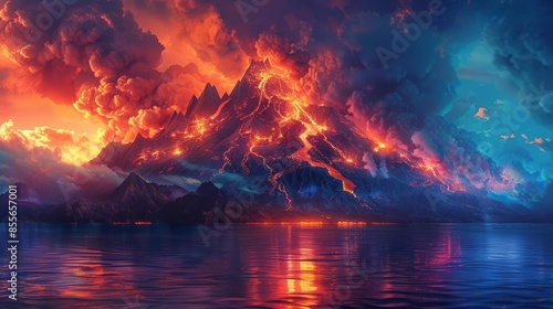 Colorful fantasy volcano island with lava and smoke in the ocean Romantic fantasy landscape with erupting mystic mountain