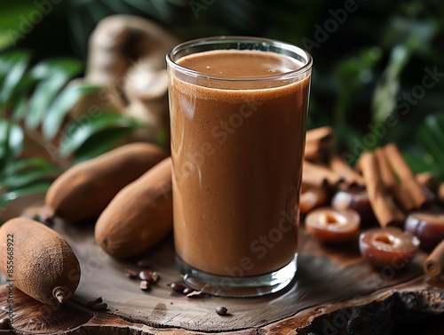 Exotic tamarind juice in a glass, tamarind pods, tropical theme, earthy and natural tones