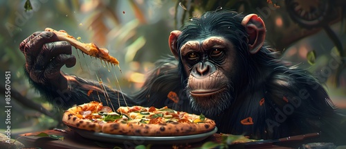 Doodle art, Italian Primate Feast, Create a story about a primate who becomes an expert in Italian cuisine, especially pizza., polychromatic