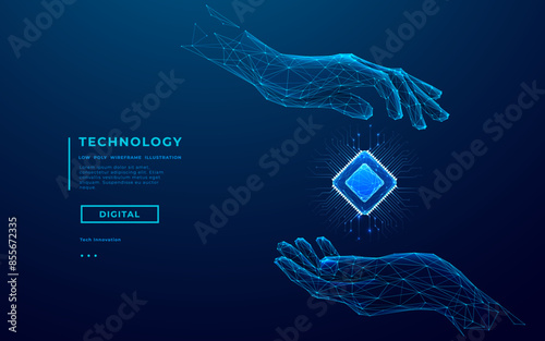 Abstract digital hands holding 3D semiconductor AI chip hologram on technology blue background. AI microchip with circuit elements. Wireframe human hands holding light blue chip. Vector illustration. 