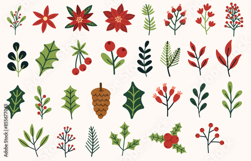 Christmas florals and foliage elements set. Holly, winterberries, eucalyptus, pine cone, mistletoe, poinsettia. Buildable decorative and festive floral arrangement. Hand drawn vector illustrations.