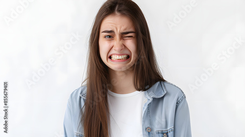 Girl cringe as seeing something embarrassing and bothering. Woman make uncomfortable smile and squinting feeling worried and displeased, see bothering bad situation, standing white background