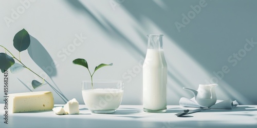 A white milk jug sits on a table next to a bowl of milk and a glass of milk