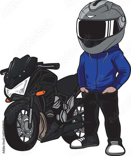 biker standing next to motorcycle cartoon