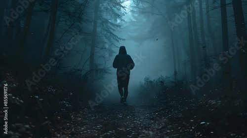 A Terrified Figure Flees Through a Shrouded Forest Landscape Gripped by Unyielding Fear