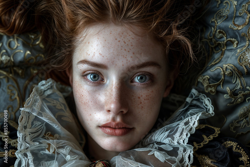 Serene Redheaded Young Woman in Elizabethan-Style Lace Collar, Lying Indoors Against Ornate Fabric