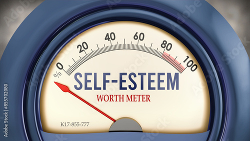 Self-Esteem and Worth Meter that hits less than zero, showing an extremely low level of self-esteem, none of it, insufficient. Minimum value, below the norm. Lack of self-esteem. ,3d illustration