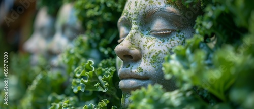Portrait woman stone with moss growing on face leafy greens in background, eternity fragility beauty