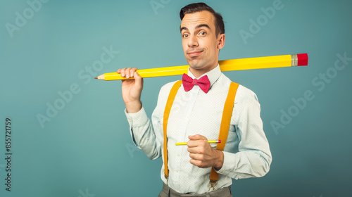 Man with a colorful bow tie and suspenders holding an oversized pencil and pretending to write on a giant notepad.