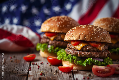 A freshly made beef burger with an american stars and stripes flag. USA holiday food