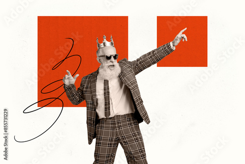 Composite photo collage of happy old gray haired man wear plaid suit dance party coronation prom crown king isolated on painted background