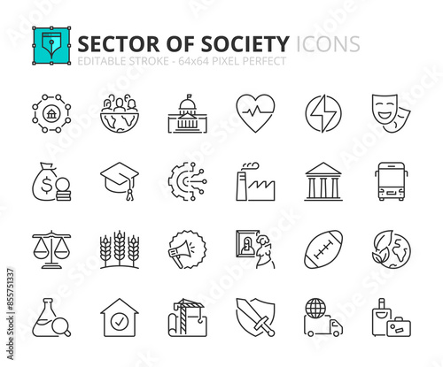 Line icons about sector of society. Pixel perfect 64x64 and editable stroke