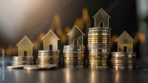 Stacks of coins with house icons on top, representing real estate investment, property value growth, and financial success.