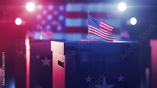 Close-up image of an American flag on a ballot box, with a blurred background of more boxes and a large American flag. Perfect for election night vibes. Generative AI