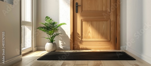 Black mat near wooden door in hallway. with copy space image. Place for adding text or design