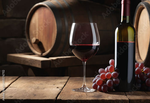 A glass of red Wine placed on a rustic table, wine cellar background