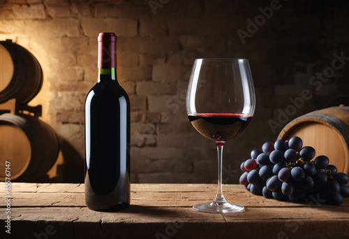 A glass of red Wine placed on a rustic table, wine cellar background