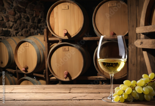 A glass of white Wine placed on a rustic table, wine cellar background