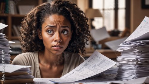 A worried black woman doing financial planning surrounded by lots of paper.