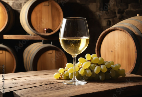 A glass of white Wine placed on a rustic table, wine cellar background