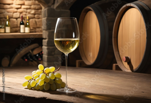 A glass of white Wine placed on a rustic table, wine cellar background